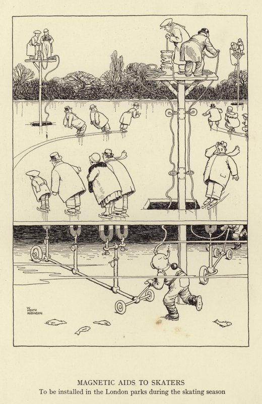 Mágneses segédeszközök a korcsolyázók számára, a londoni parkokban a korcsolyázási szezonban telepítendők alkotó: William Heath Robinson