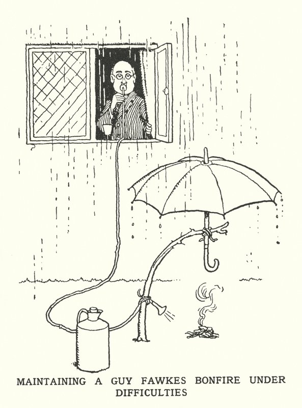 Guy Fawkes máglya fenntartása nehézségek között (litho) alkotó: William Heath Robinson