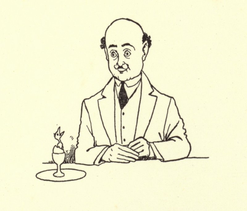 A férfit meglepte a madár a reggeli tojásban alkotó: William Heath Robinson