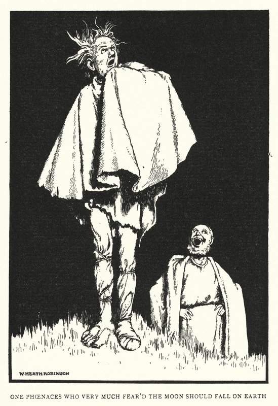 Egy Phoenaces, aki nagyon félt a Holdtól, a földre zuhanjon (litho) alkotó: William Heath Robinson