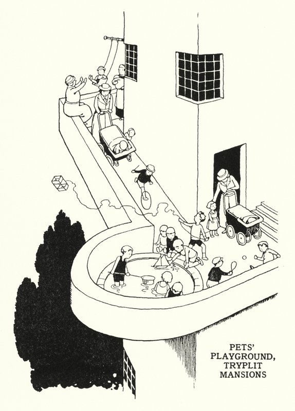 Háziállatok játszótere, Tryplit Mansions (litho) alkotó: William Heath Robinson