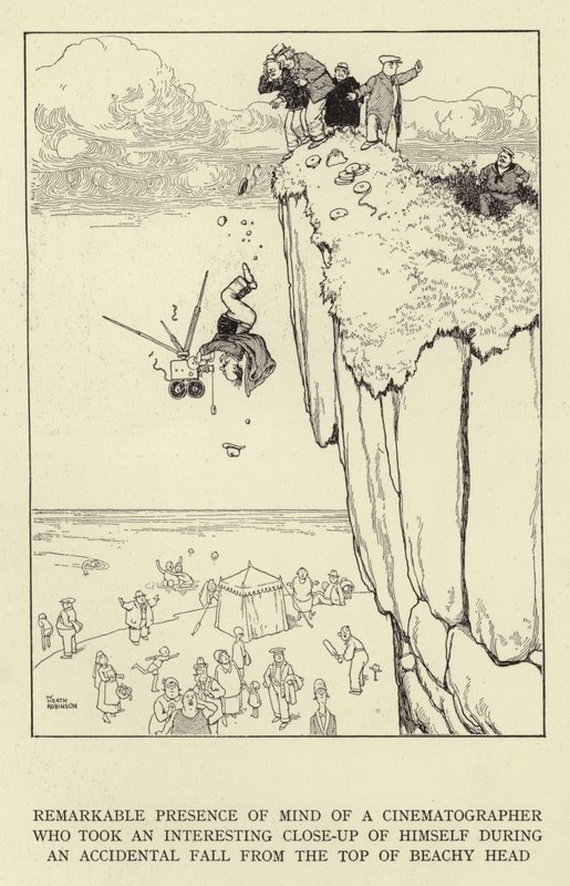Figyelemre méltó jelenléte egy operatőrnek, aki érdekes közeli felvételt készített magáról, amikor véletlenül leesett a Beachy Head tetejéről alkotó: William Heath Robinson