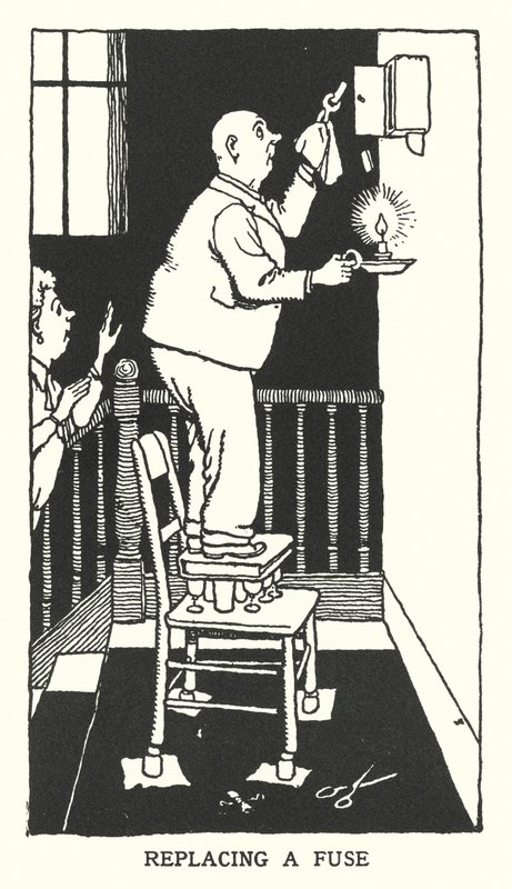 Biztosíték cseréje (litho) alkotó: William Heath Robinson