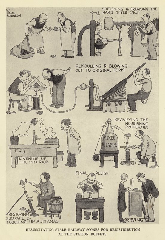 Állott vasúti pogácsák újraélesztése az állomási büfékben alkotó: William Heath Robinson