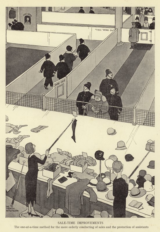 Értékesítési időfejlesztés, az egy az időben módszer az értékesítés rendezettebb lebonyolítása és az asszisztensek védelme érdekében. alkotó: William Heath Robinson