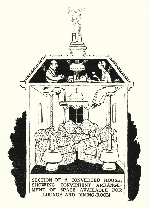 Egy átalakított ház része, kényelmesen elrendezett társalgó és étkező (litho) alkotó: William Heath Robinson