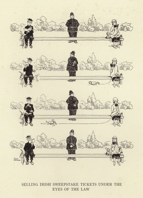 Ír nyereményjáték-jegyek árusítása a törvények előtt alkotó: William Heath Robinson