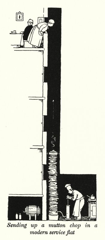 Birkaszelet feladása egy modern szolgálati lakásban (litho) alkotó: William Heath Robinson