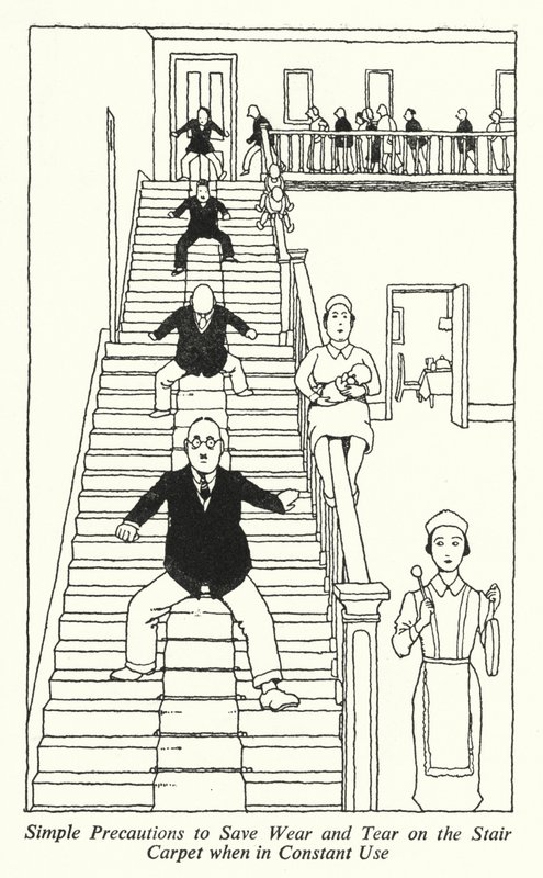 Egyszerű óvintézkedések a lépcsőszőnyeg kopásának elkerülésére állandó használat közben (litho) alkotó: William Heath Robinson