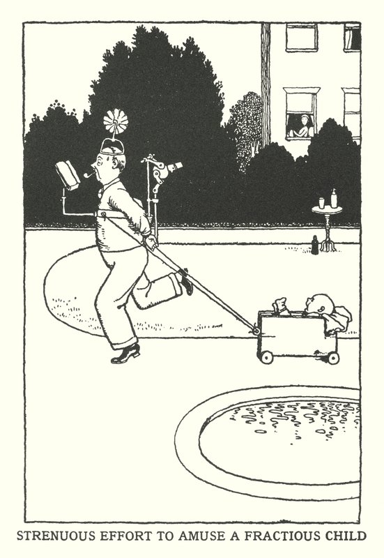 Erőteljes erőfeszítés egy törékeny gyermek szórakoztatására (litho) alkotó: William Heath Robinson