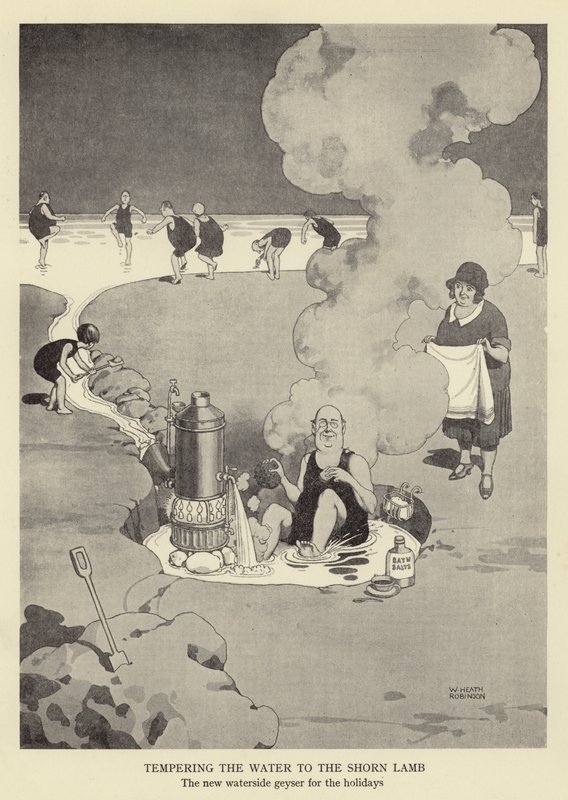 A víz temperálása a nyírt bárányhoz, az új vízparti gejzír az ünnepekre alkotó: William Heath Robinson