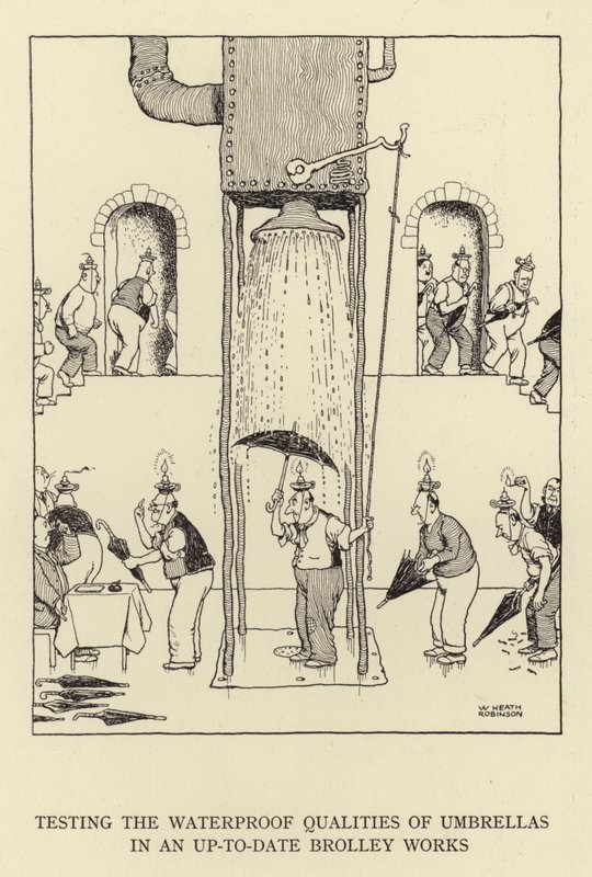 Az esernyők vízálló tulajdonságainak tesztelése egy korszerű Brolley Worksben alkotó: William Heath Robinson