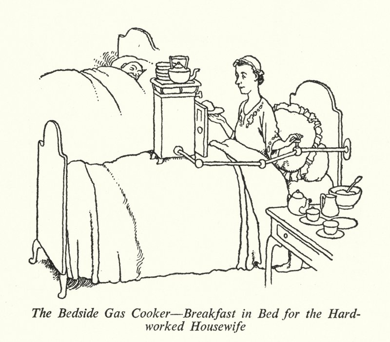 Az ágy melletti gáztűzhely, Reggeli az ágyban a keményen dolgozó háziasszonynak (litho) alkotó: William Heath Robinson