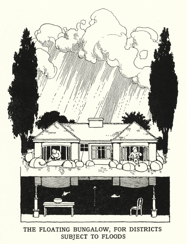 Az úszó bungaló árvíznek kitett kerületek számára (litho) alkotó: William Heath Robinson