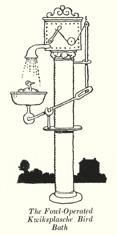 A tyúk által működtetett Kwiksplasche madárfürdő (litho) alkotó: William Heath Robinson