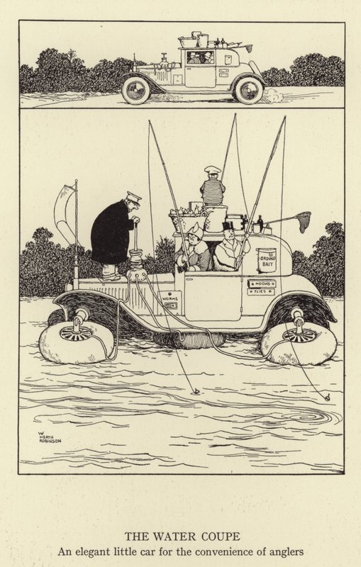 A Water Coupe, elegáns kisautó a horgászok kényelmét szolgálja alkotó: William Heath Robinson