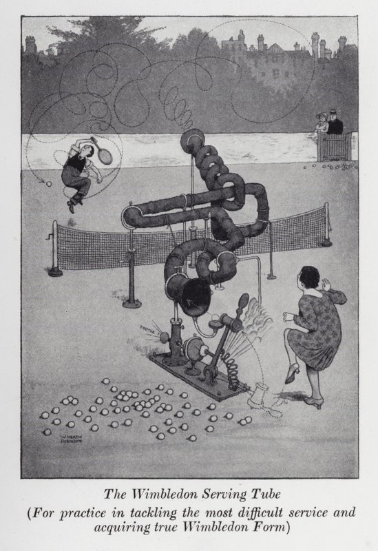 A wimbledoni adagolócső, a legnehezebb szolgálat megbirkózásában és az igazi wimbledoni forma elsajátításában való gyakorláshoz (litho) alkotó: William Heath Robinson