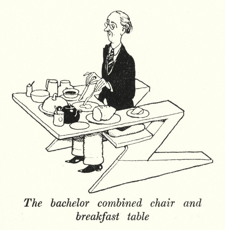 A bachelor kombinált szék és reggelizőasztal (litho) alkotó: William Heath Robinson