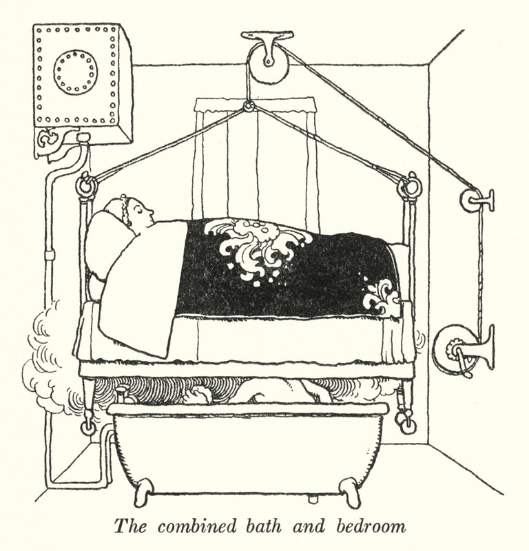Kombinált fürdőszoba és hálószoba (litho) alkotó: William Heath Robinson
