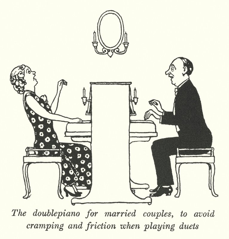 Duplazongora házaspároknak, hogy elkerülje a görcsöket és a súrlódást duettjáték közben (litho) alkotó: William Heath Robinson