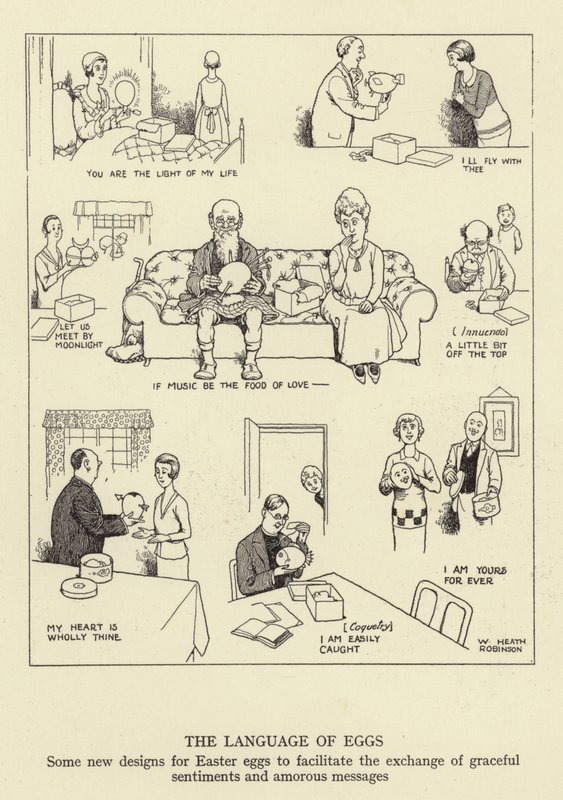 A tojások nyelve, néhány új design a húsvéti tojásokhoz a kecses érzelmek és szerelmi üzenetek cseréjének megkönnyítése érdekében alkotó: William Heath Robinson