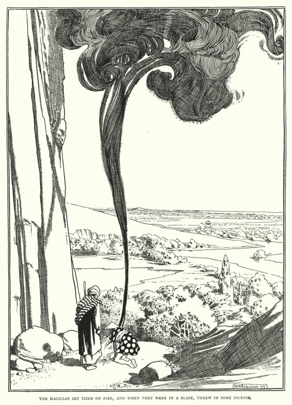 A bűvész felgyújtotta őket, és amikor lángokban álltak, beledobott egy tömjént (metszet) alkotó: William Heath Robinson