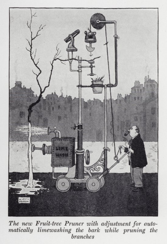 Az új Gyümölcsfa metsző állítással a kéreg automatikus mészmosásához az ágak metszése közben (litho) alkotó: William Heath Robinson