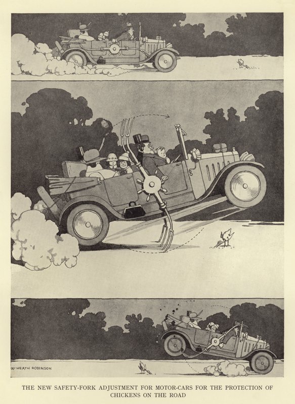 Az új biztonsági villaállítás autókhoz az úton lévő csirkék védelmére alkotó: William Heath Robinson