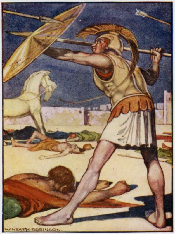 A lándzsa hegye átrepült Patroklosz bal vállán (színes litó) alkotó: William Heath Robinson