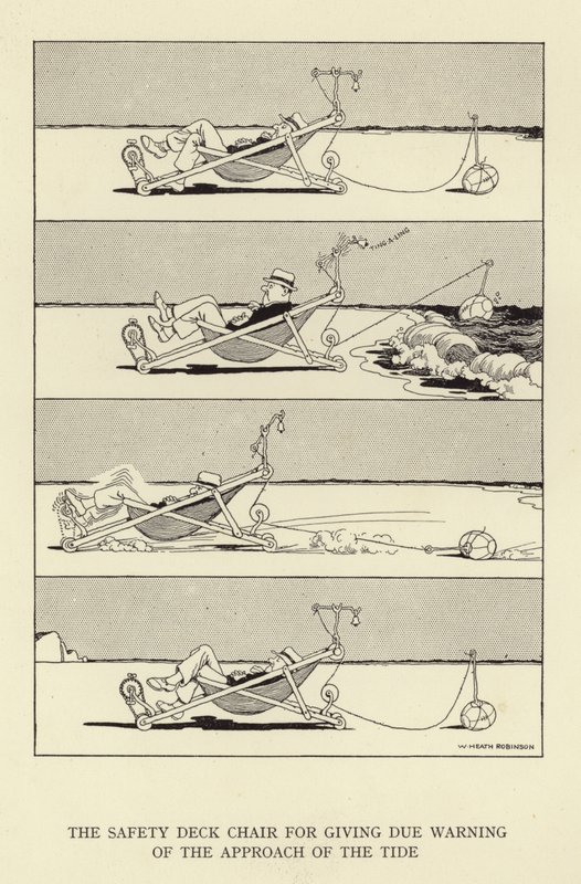 Biztonsági nyugágy az árapály közeledtére való megfelelő figyelmeztetéshez alkotó: William Heath Robinson