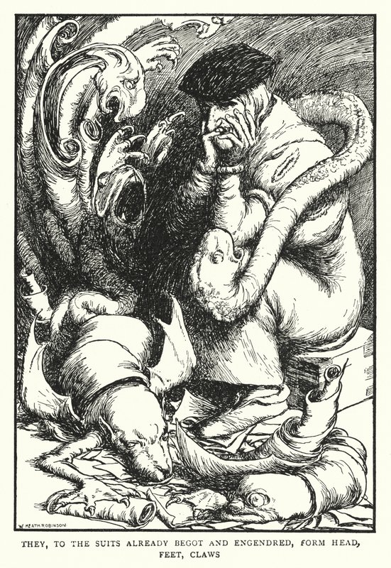 A már megszületett és megszületett öltönyökhöz fejet, lábakat, karmokat (litho) alkotnak. alkotó: William Heath Robinson