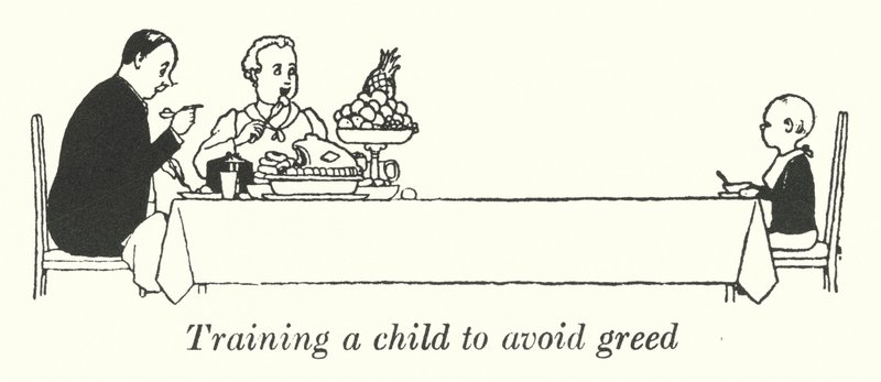 A gyermek tanítása a kapzsiság elkerülésére (litho) alkotó: William Heath Robinson
