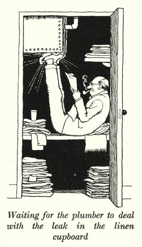 Várakozás, amíg a vízvezeték-szerelő megoldja az ágyneműs szekrény szivárgását (litho) alkotó: William Heath Robinson