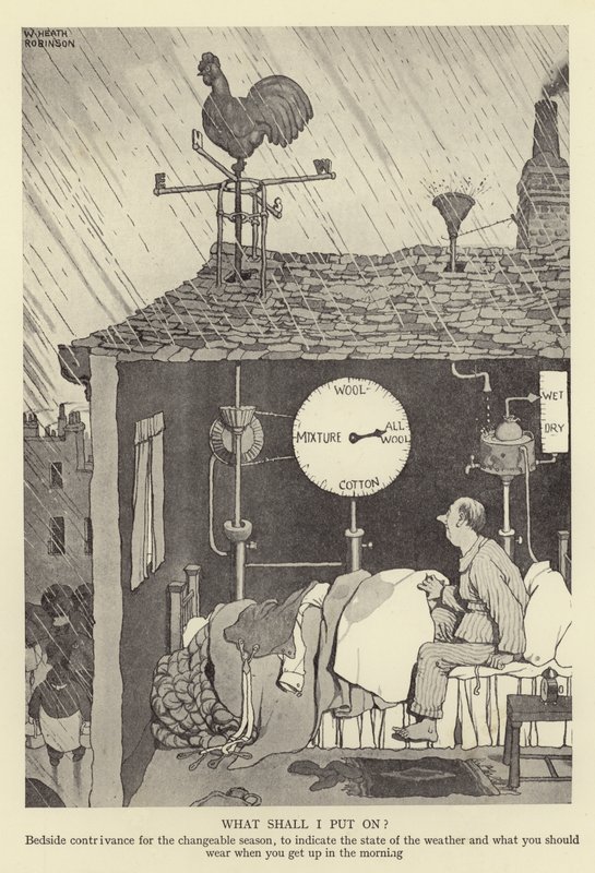 Mit tegyek fel az ágy mellé, hogy jelezze az időjárás állapotát, és mit kell viselned, amikor reggel felkelsz? alkotó: William Heath Robinson