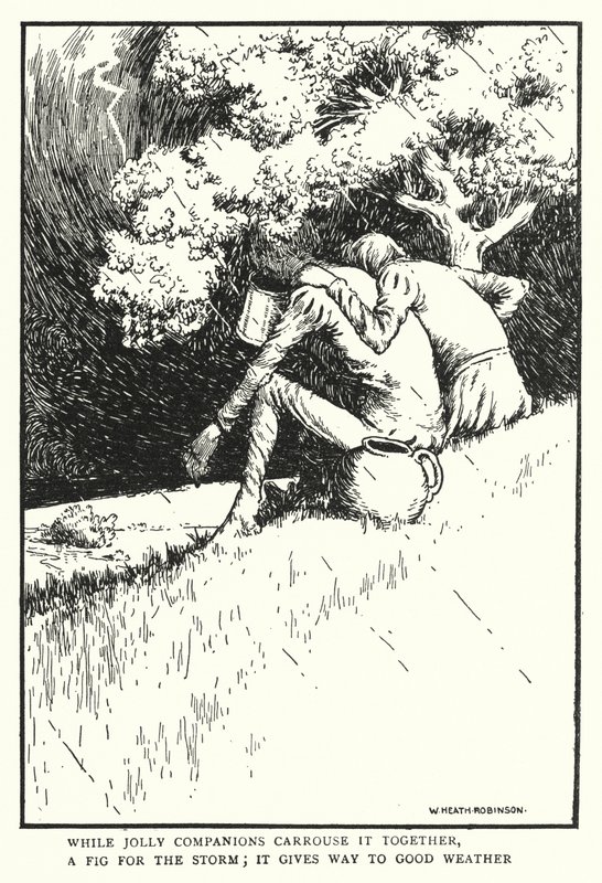 Míg a vidám társak együtt hordják, füge a viharnak, átadja helyét a jó időnek (litho) alkotó: William Heath Robinson