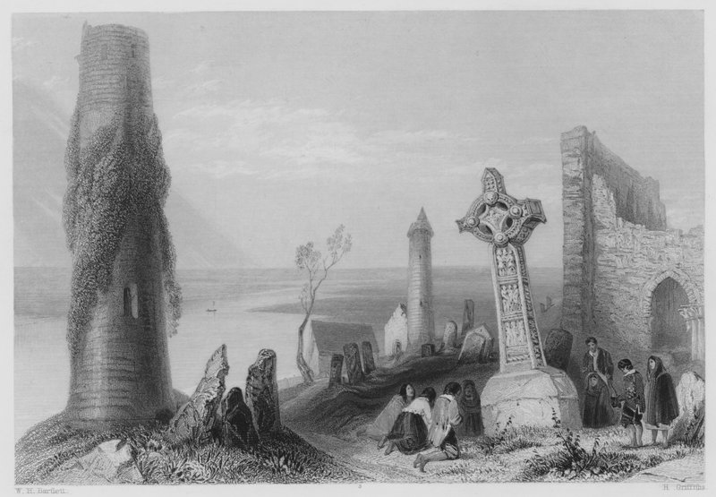 Ősi kereszt, Clonmacnoise (metszet) alkotó: William Henry (after) Bartlett