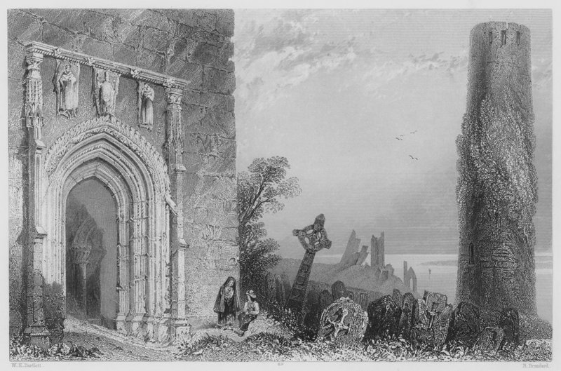 Temple Mc Durmot bejárati ajtaja, Clonmacnoise (metszet) alkotó: William Henry (after) Bartlett