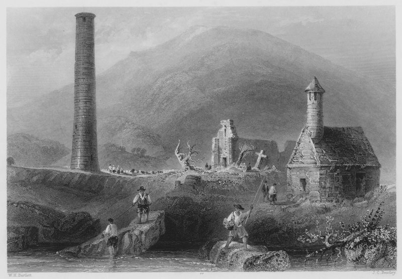 Kerek torony stb., Glendalough, Wicklow megye (metszet) alkotó: William Henry (after) Bartlett
