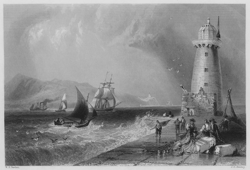Déli falú világítótorony, távolban Howth-dombbal (metszet) alkotó: William Henry (after) Bartlett