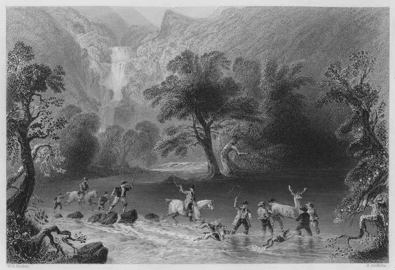 Szarvasbogár szedése, Derrycunnihy Cascade közelében, Killarney (metszet) alkotó: William Henry (after) Bartlett