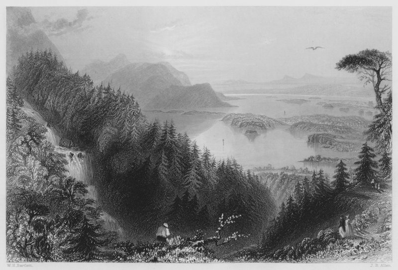 Az Alsó- és a Torc-tó, Killarney, a Torc-vízesésből (metszet) alkotó: William Henry (after) Bartlett