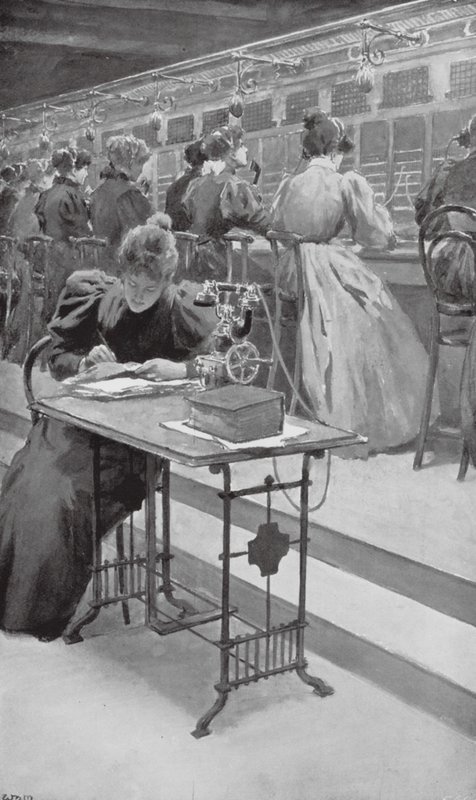 Munka közben egy telefonszobában (litográfia) alkotó: William Henry (after) Margetson