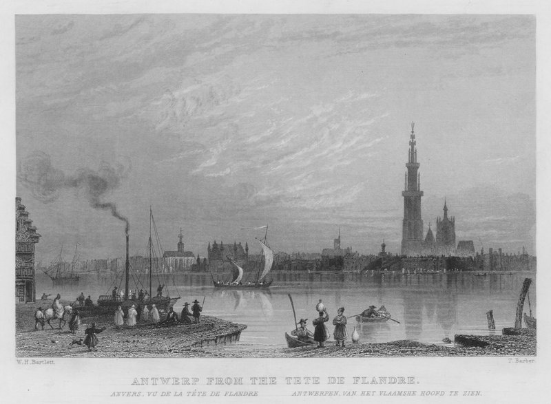 Antwerpen a Tete De Flandre-ból (metszet) alkotó: William Henry Bartlett
