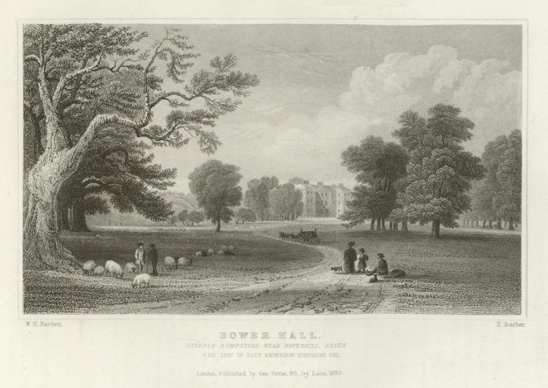 Bower Hall, Steeple Bumpstead, Haverhill közelében, Essex, Elly Anderson Stephens, Esquire székhelye. alkotó: William Henry Bartlett