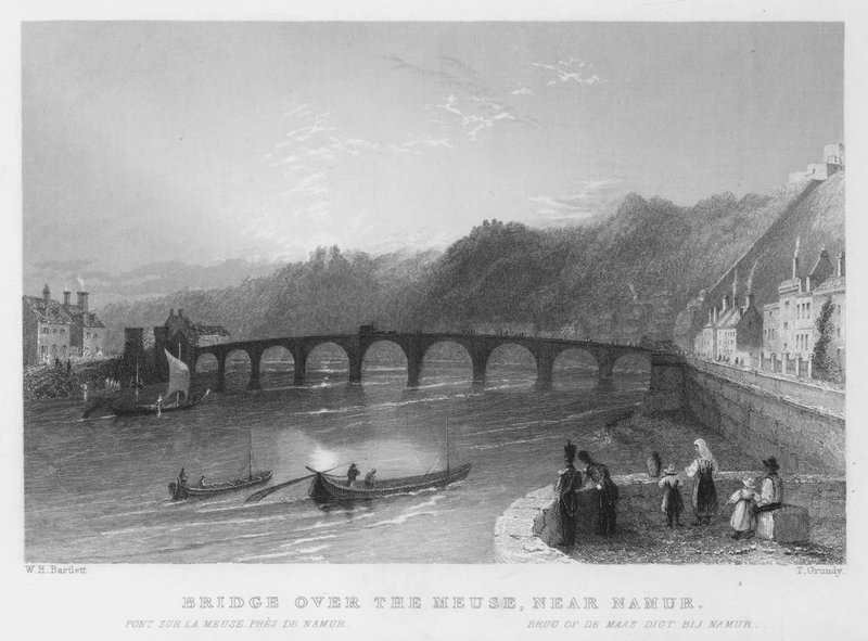 Híd a Meuse felett, Namur közelében (metszet) alkotó: William Henry Bartlett