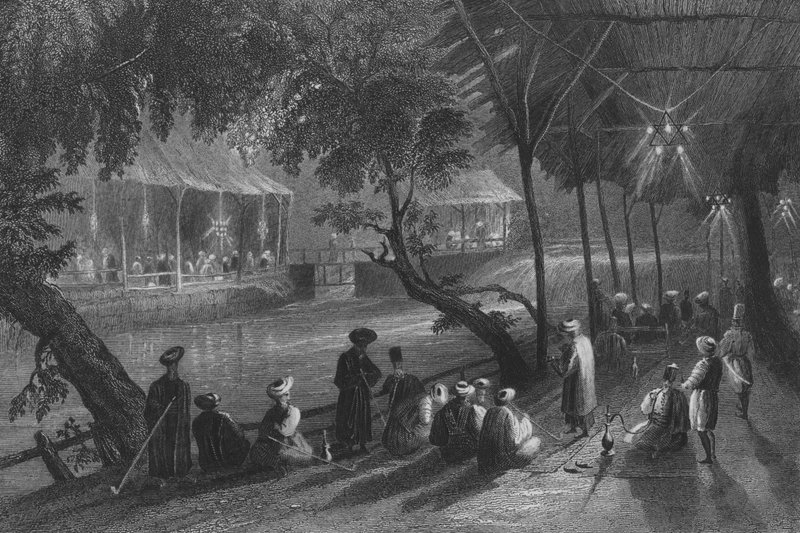 Kávézók Damaszkuszban, a Barrada egyik ágán, az ókori Pharparban alkotó: William Henry Bartlett