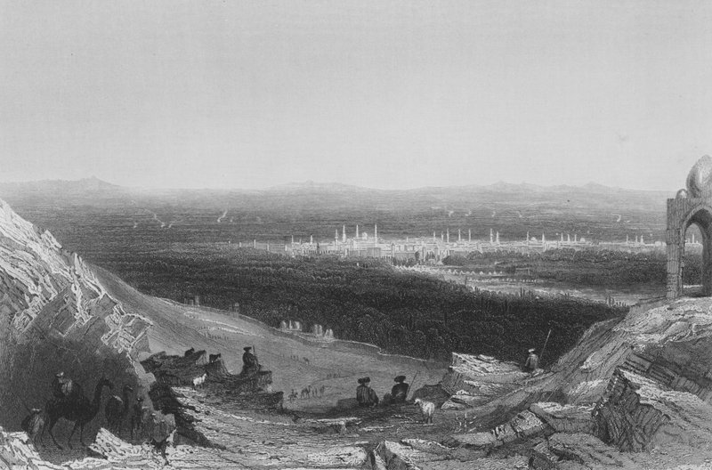 Damaszkusz, távoli kilátás a hegyoldalról alkotó: William Henry Bartlett