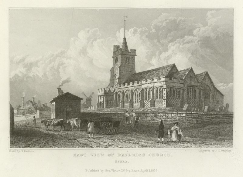 Keleti kilátás a Rayleigh-templomról, Essex alkotó: William Henry Bartlett