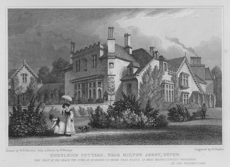 Endsleigh Cottage, Milton Abbot közelében, Devon (metszet) alkotó: William Henry Bartlett