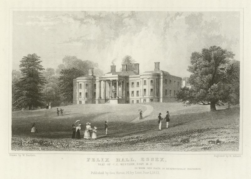 Felix Hall, Essex, a C C Western székhelye, Esquire, képviselő alkotó: William Henry Bartlett